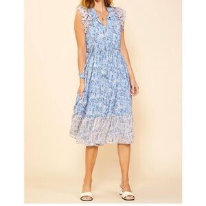 SKIES ARE BLUE floral dress in dusty blue cream, size Small